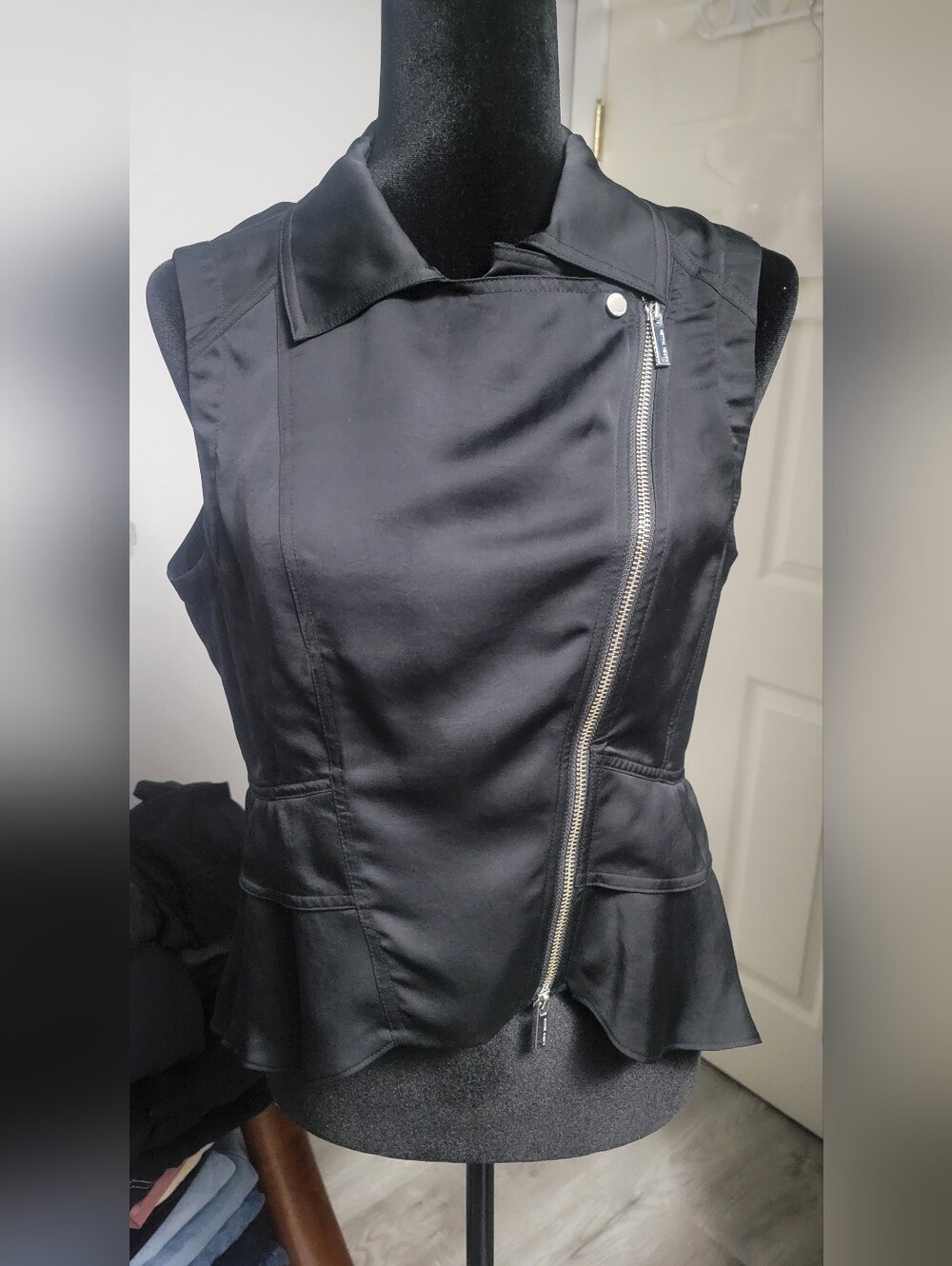 Karen Millen Size 8 Black Satin Peplum Asymmetric Moto Vest